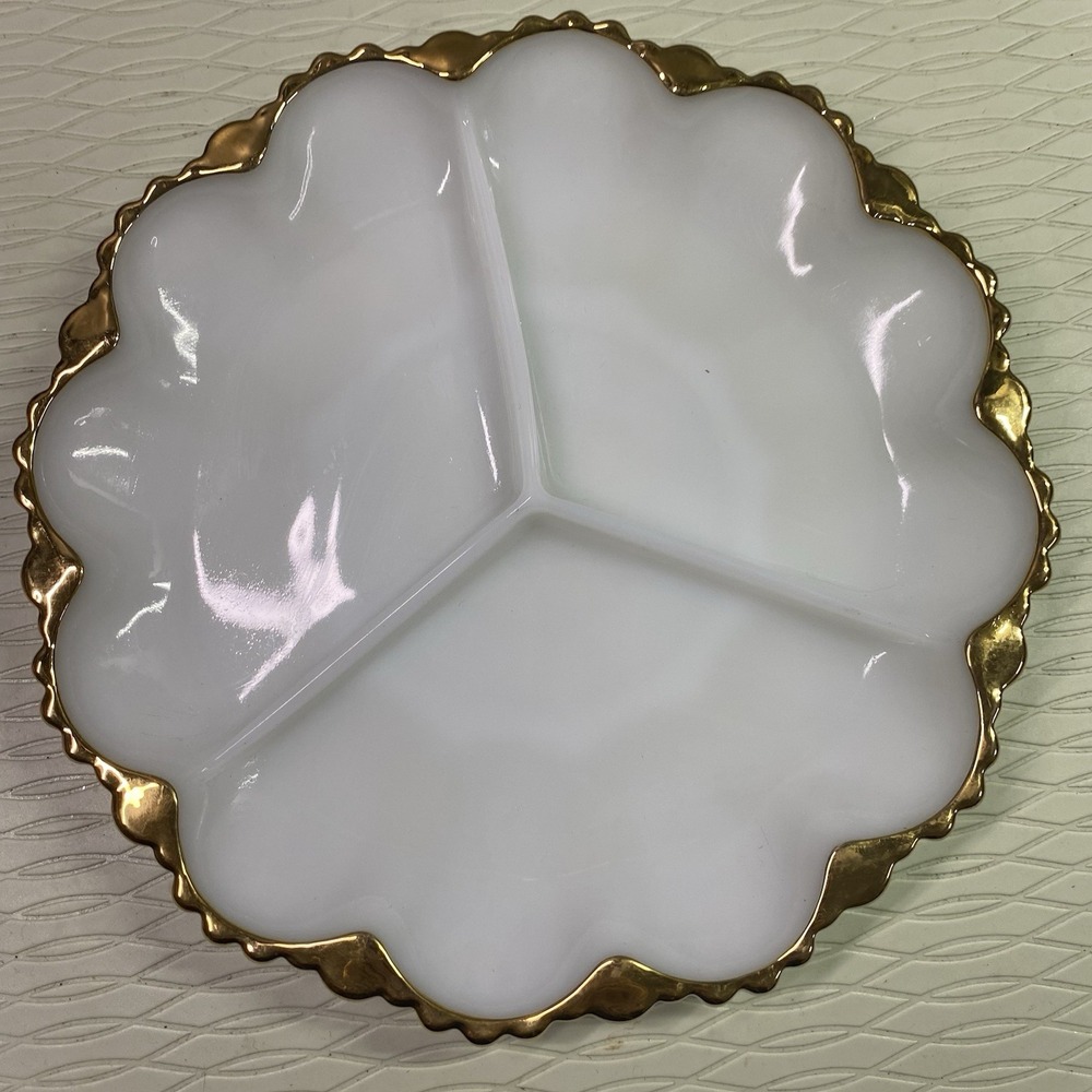Anchor Hocking Fire King White Milk Glass‎ Divided Relish Tray-Gold Trim 10" W